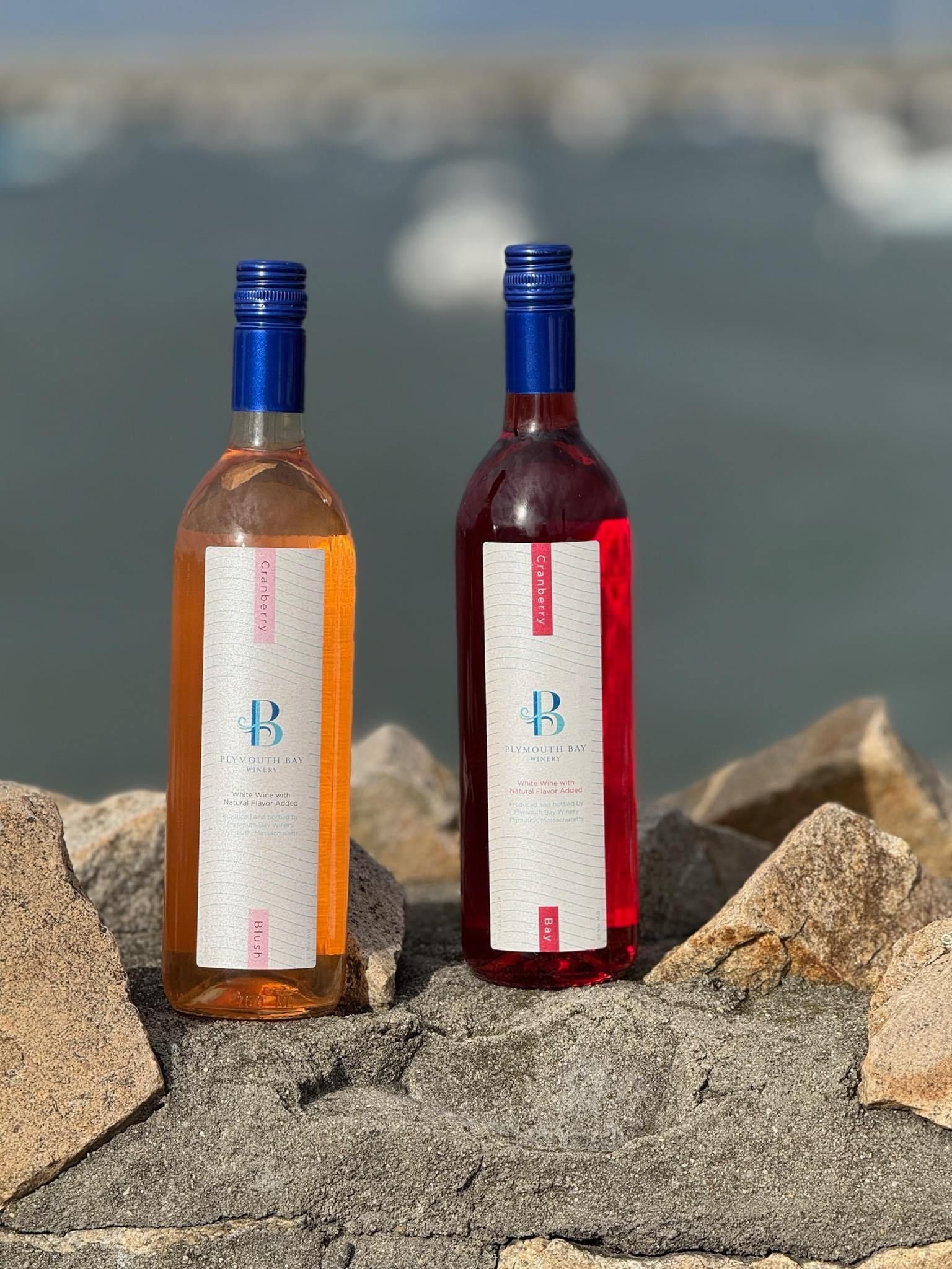 Two bottles of rosé wine with blue caps sit on rocks near water.