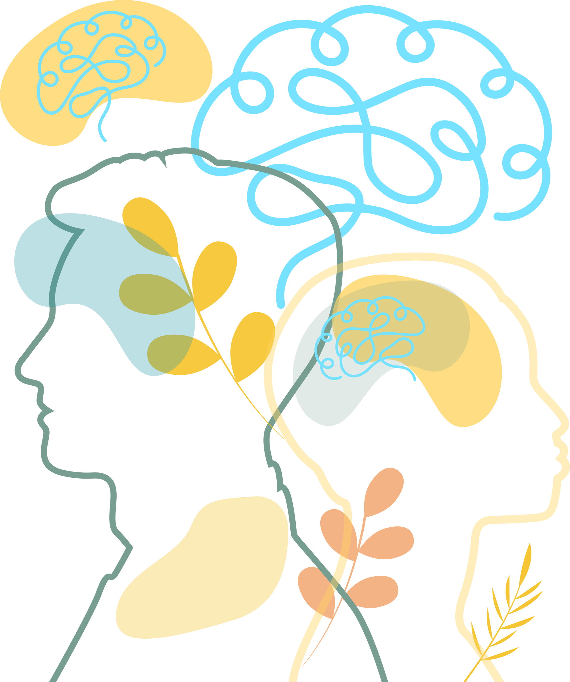 A drawing of a person 's head with a brain and leaves