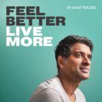 A man is sitting in front of a blue background with the words `` feel better live more ''.
