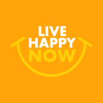 A logo that says `` live happy now '' on a yellow background.