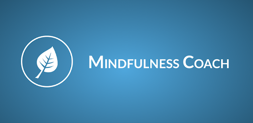 A logo for a mindfulness coach with a leaf in a circle on a blue background.