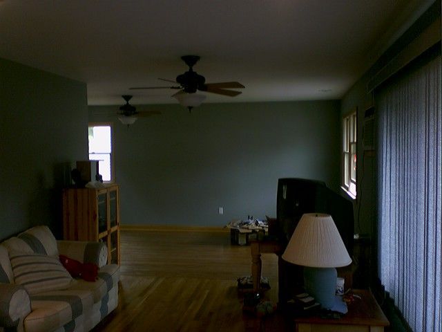Living room with hardwood floors, dark gray walls, ceiling fans, and a sofa.