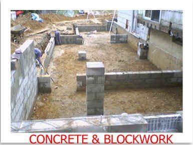Construction site: Concrete and blockwork foundation being built; workers present.
