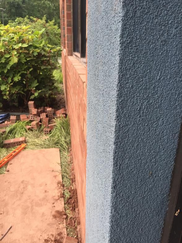 Brick wall next to a blue stucco column; green foliage and bricks in the background.