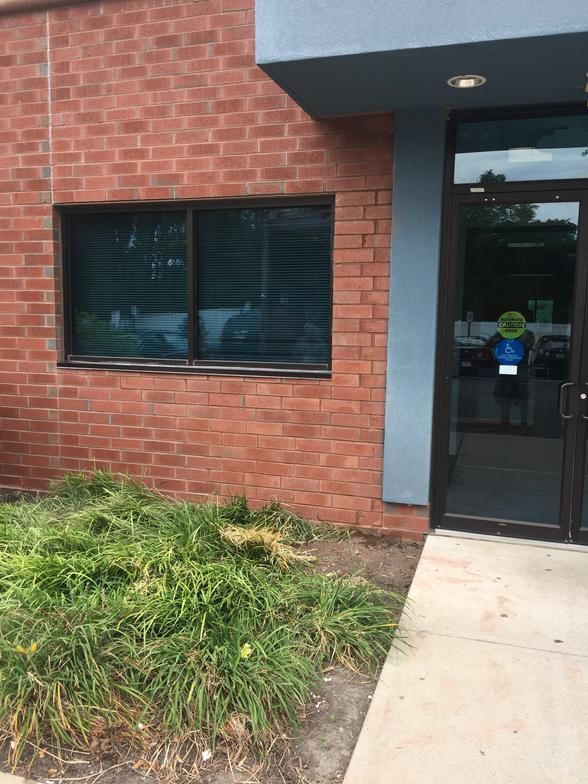Brick building with window and glass door, overgrown plants in front.