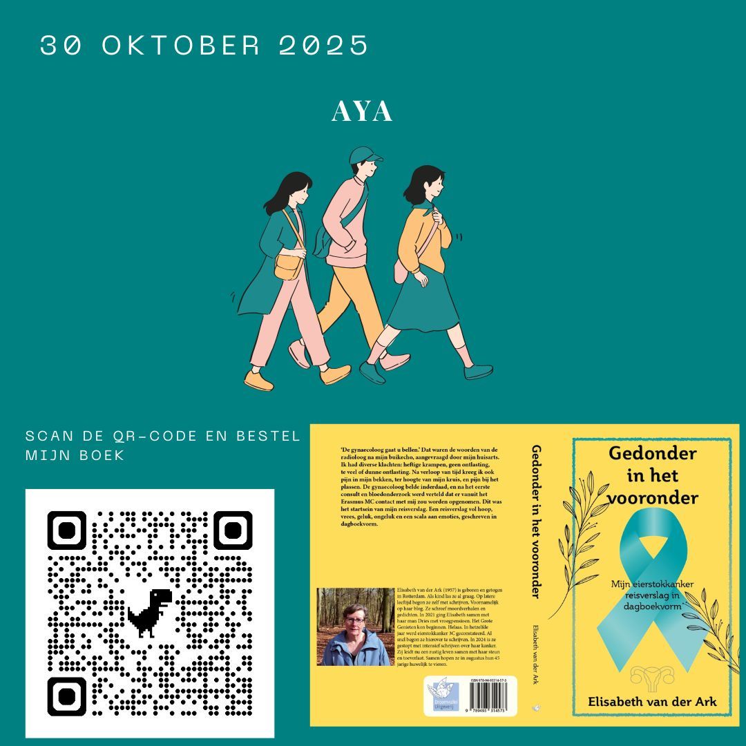 Poster met boekomslag en drie lopende figuren; kleuren blauwgroen en geel. QR-code en boektitel zichtbaar.