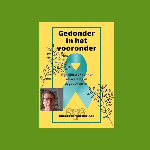 Een gele boekomslag met een blauw lint over eierstokkanker