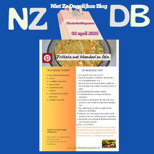 Een foto van een taart en een recept op een blauwe achtergrond