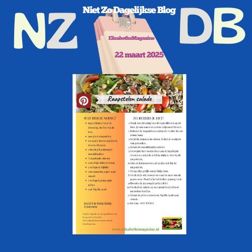 Een blauwe achtergrond met nz db  en receptenflyer voor raapstelen salade