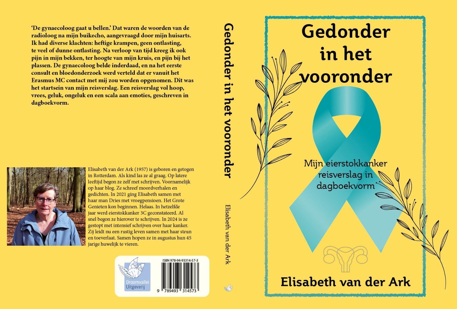 Een gele boekomslag met een blauw lint over eierstokkanker
