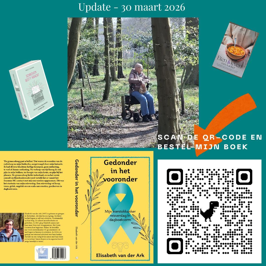 Een promotieflyer met een foto van een persoon in een rolstoel, boekomslagen en een QR-code om 
