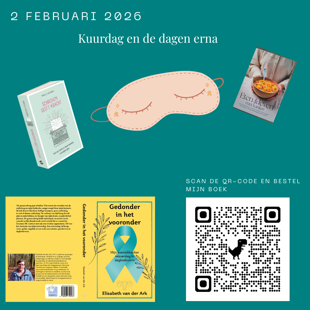 Promotionele afbeelding met boeken, oogmasker en QR-code, turquoise achtergrond. Tekst in het Nederlands: 2 FEBRUARI 2026 Kuurdag en de dagen erna.
