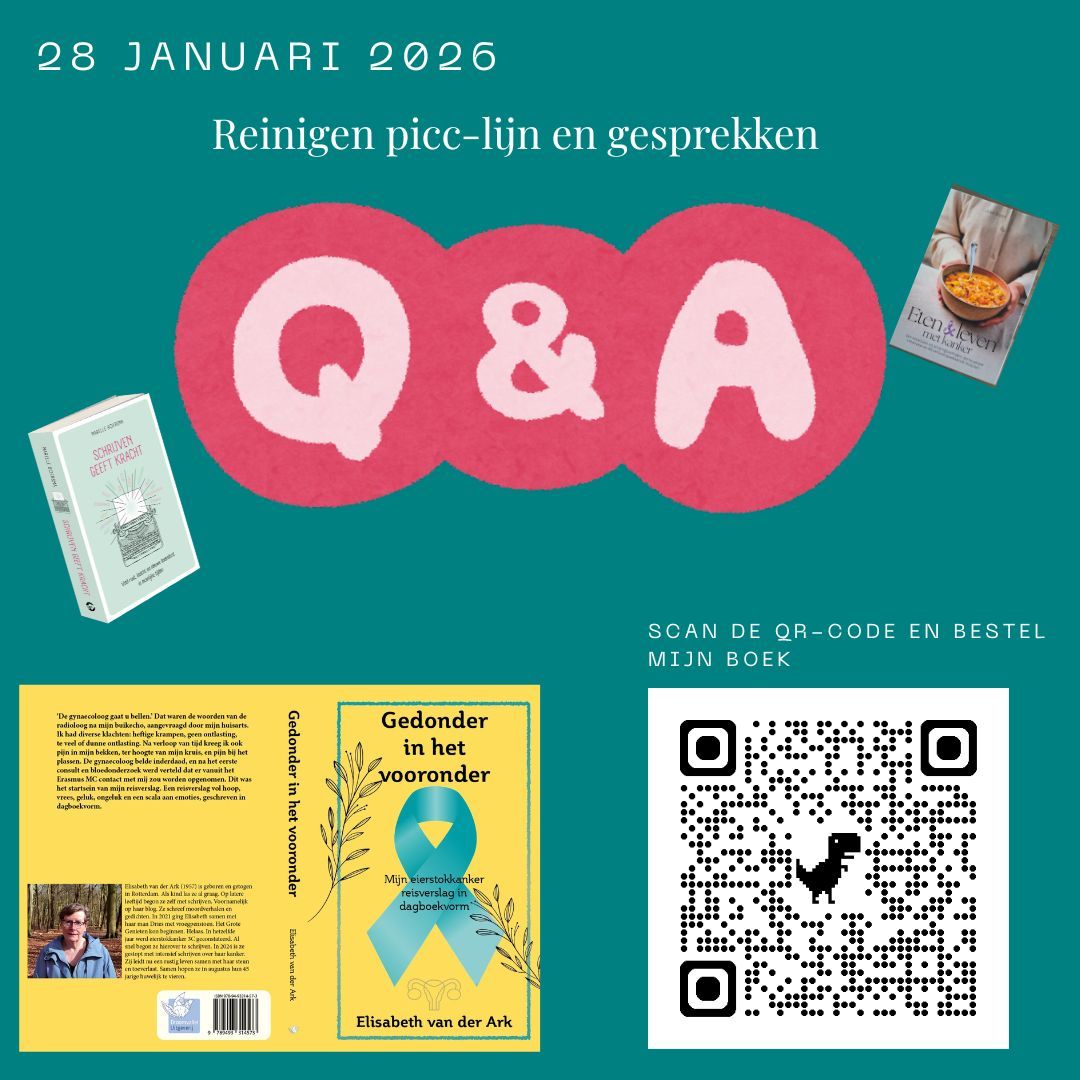 Poster ter promotie van een vraag- en antwoordsessie  28 januari 2026 over schoonmaken, inclusief een boek en QR-code voor aankoop.