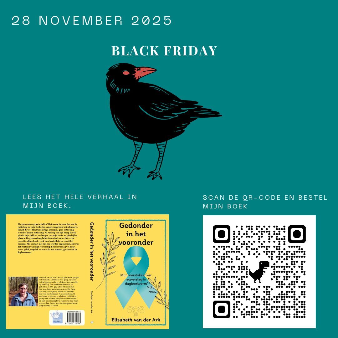 Black Friday-actie met een illustratie van een kraai, boekomslag en QR-code op een blauwgroene achtergrond.