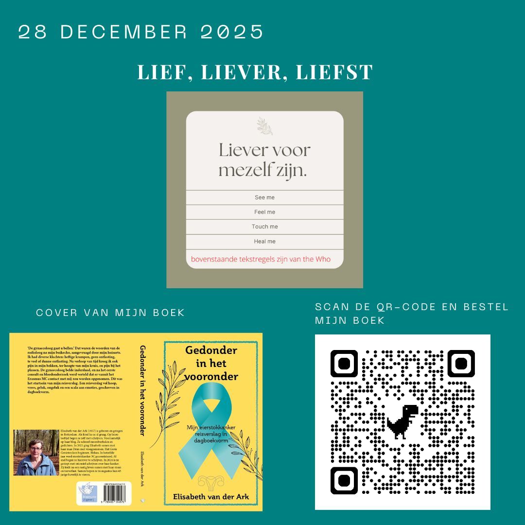 Promotional graphic for a book. Teal background, book cover, QR code, and text 