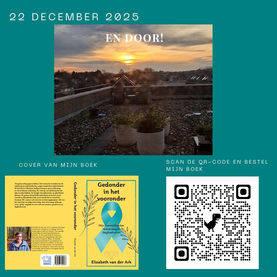 Een promotieafbeelding voor een boek. Bevat een foto van een zonsondergang, de boekomslag en een QR-code met tekst in het Nederlands.