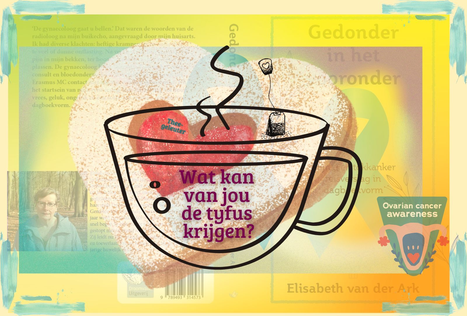 Een boekomslag met een dampende theekop en de spreuk