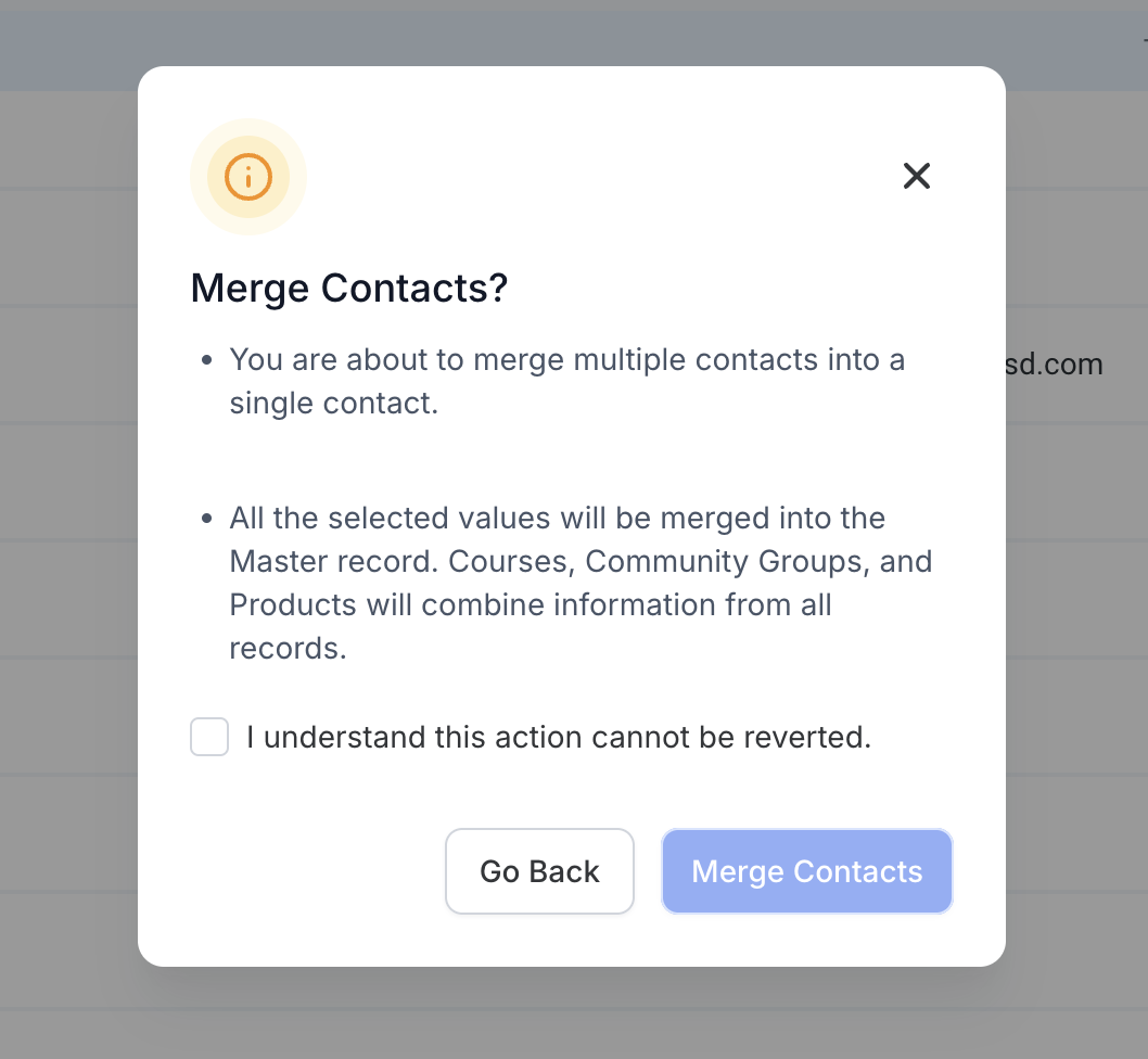 A popup window asking if you want to merge multiple contacts into a single contact.