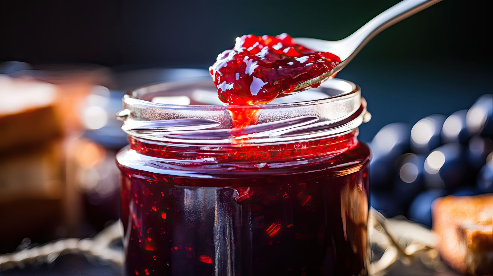 a jar of jam with a spoon sticking out of it