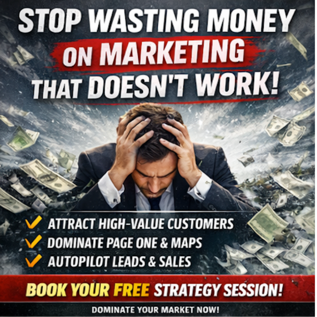 Marketing ad with stressed man holding his head amid falling money; bold text promotes a free strategy session.