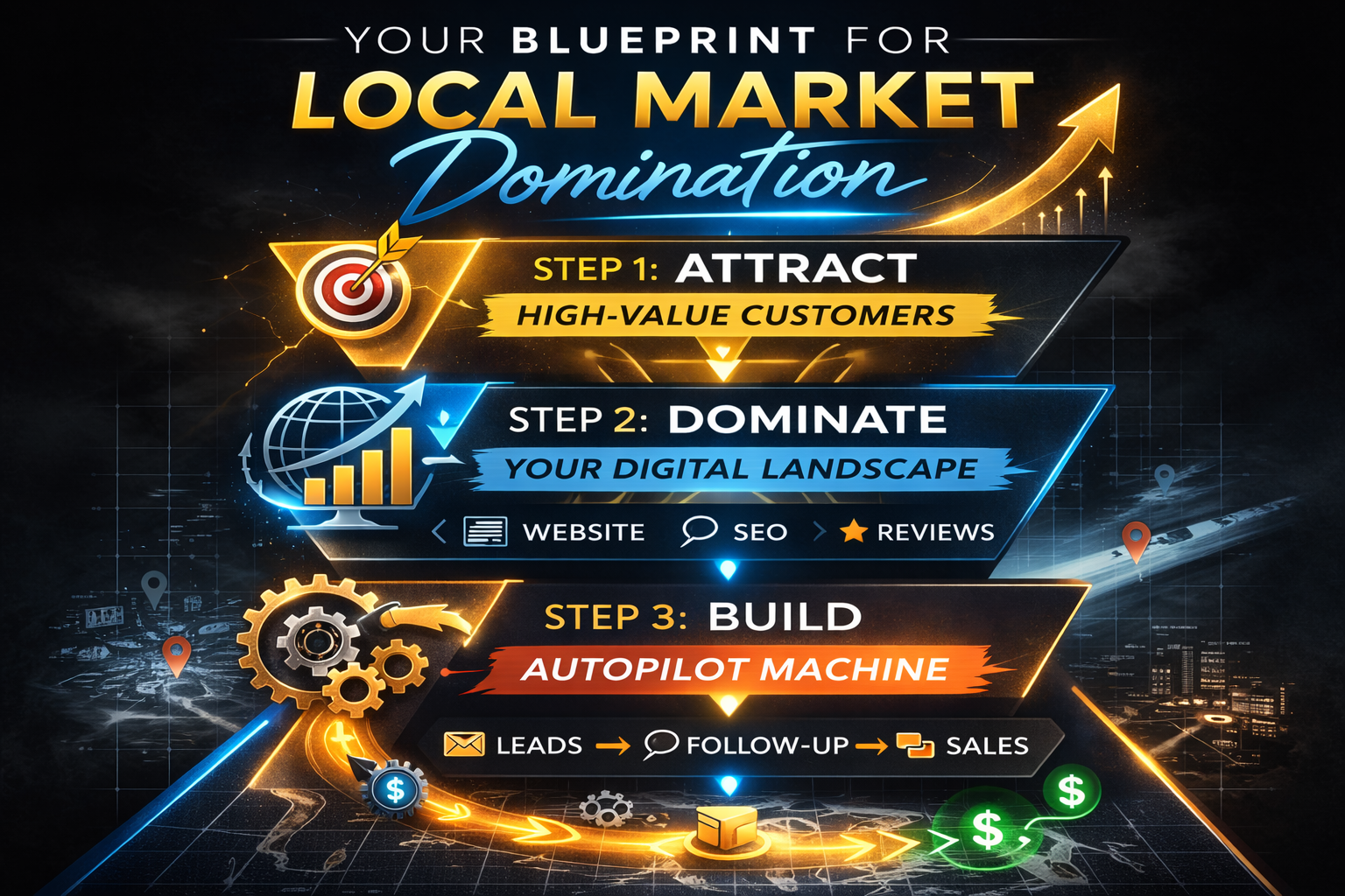 Infographic: blueprint for local market domination in gold, blue, and black. Steps include attracting customers, dominating the digital landscape, and building an autopilot machine.