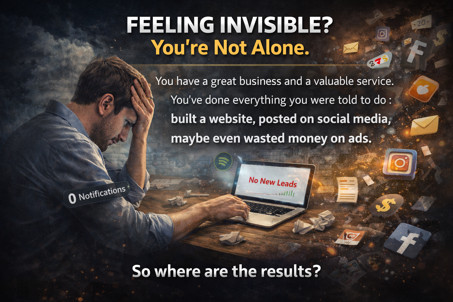 Man at a laptop, looking stressed. Text reads