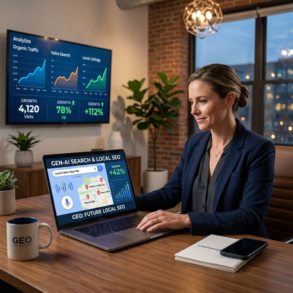 Woman working on a laptop at a desk with analytics dashboards on screens in a modern office