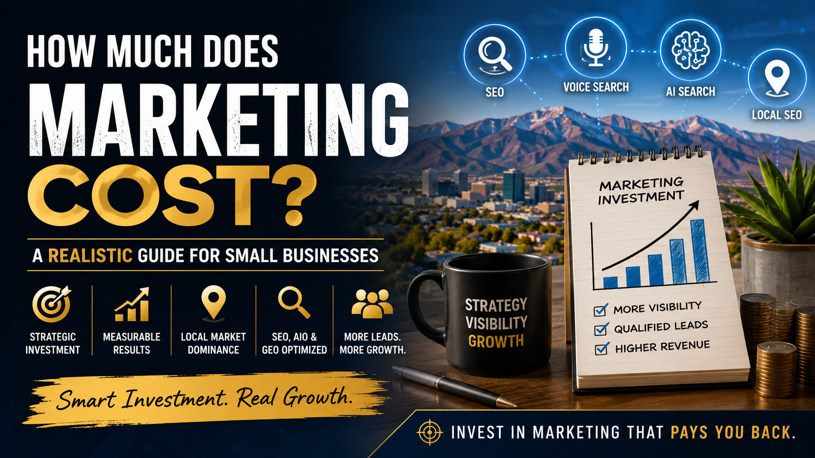 Marketing cost infographic with a city skyline, blue night sky, icons, and a rising chart on a signboard
