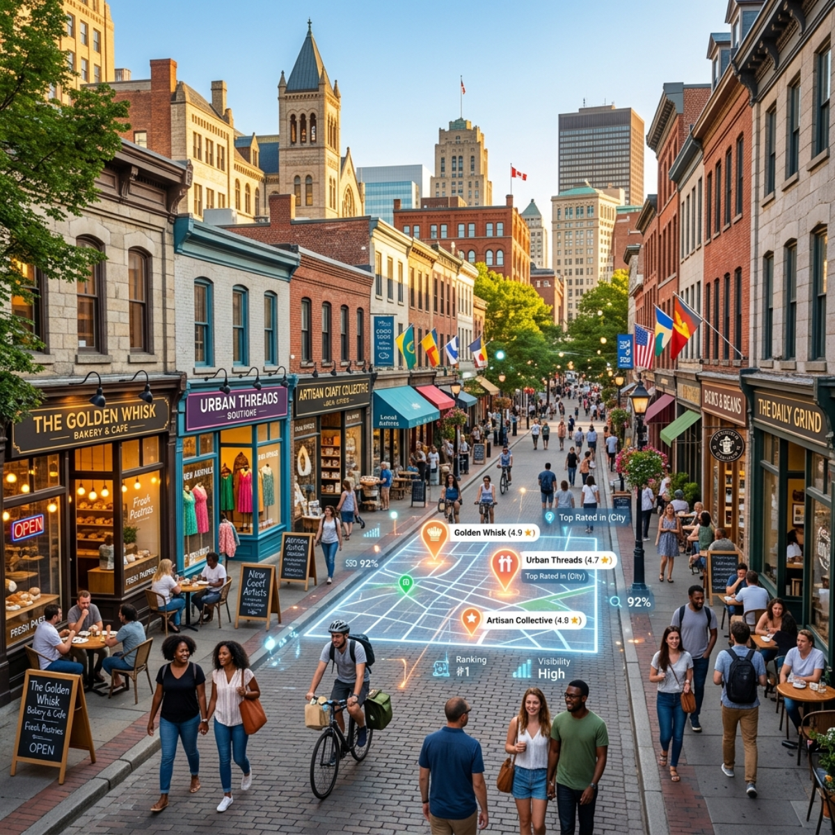 Busy historic city street with shops, pedestrians, cyclists, and colorful flags in warm evening light