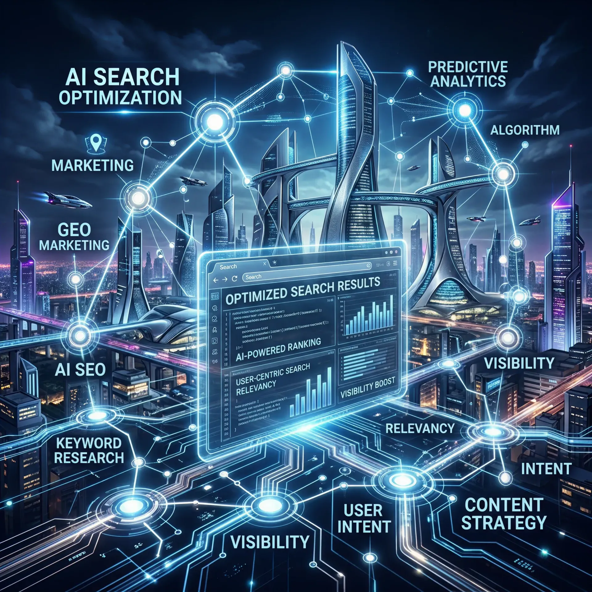 Futuristic AI analytics dashboard with glowing data streams and labels for SEO, marketing, and user intent