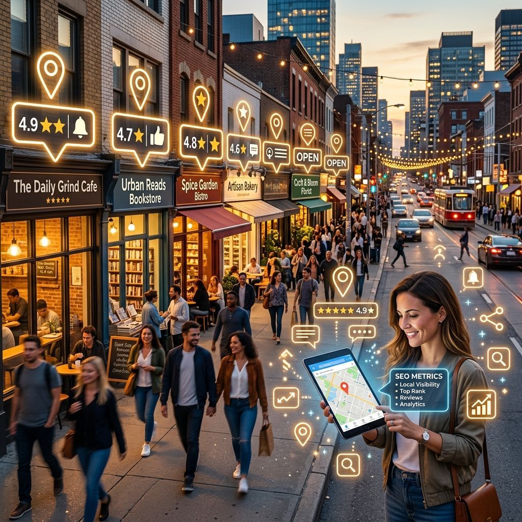 Bustling city sidewalk at dusk with glowing storefronts, review icons, and a woman using a tablet.