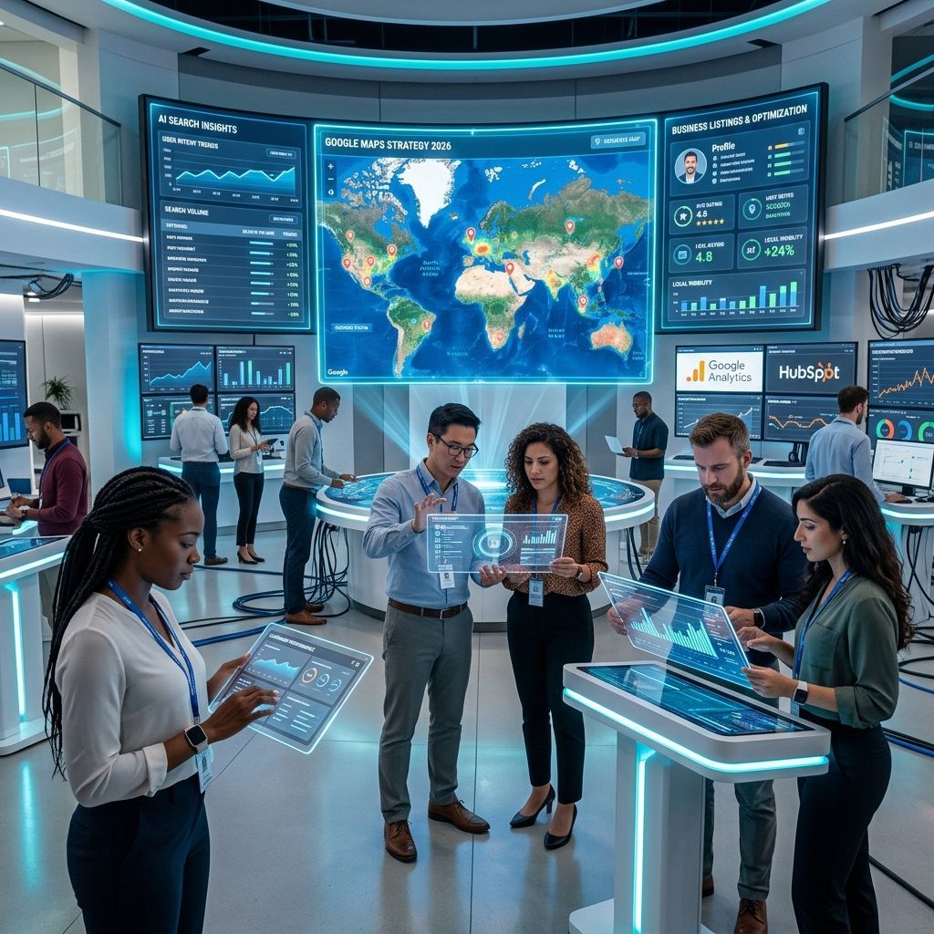 People analyzing data on holographic screens in a futuristic control room with a world map display
