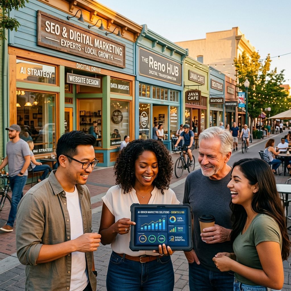 People sharing a tablet on a sunny city street with storefronts and colorful signs behind them