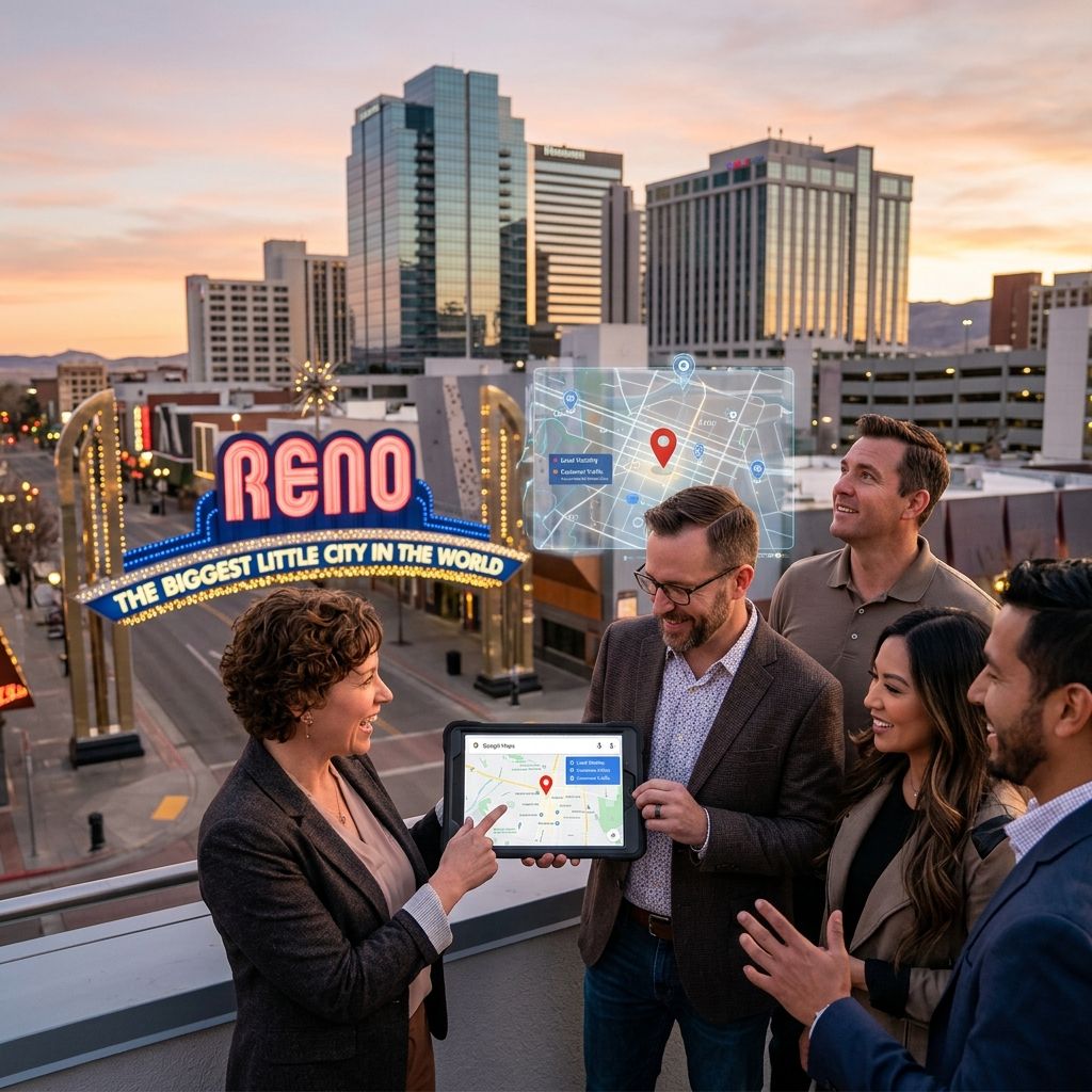 Group admires Reno city sign at sunset with skyline and tablet map in foreground