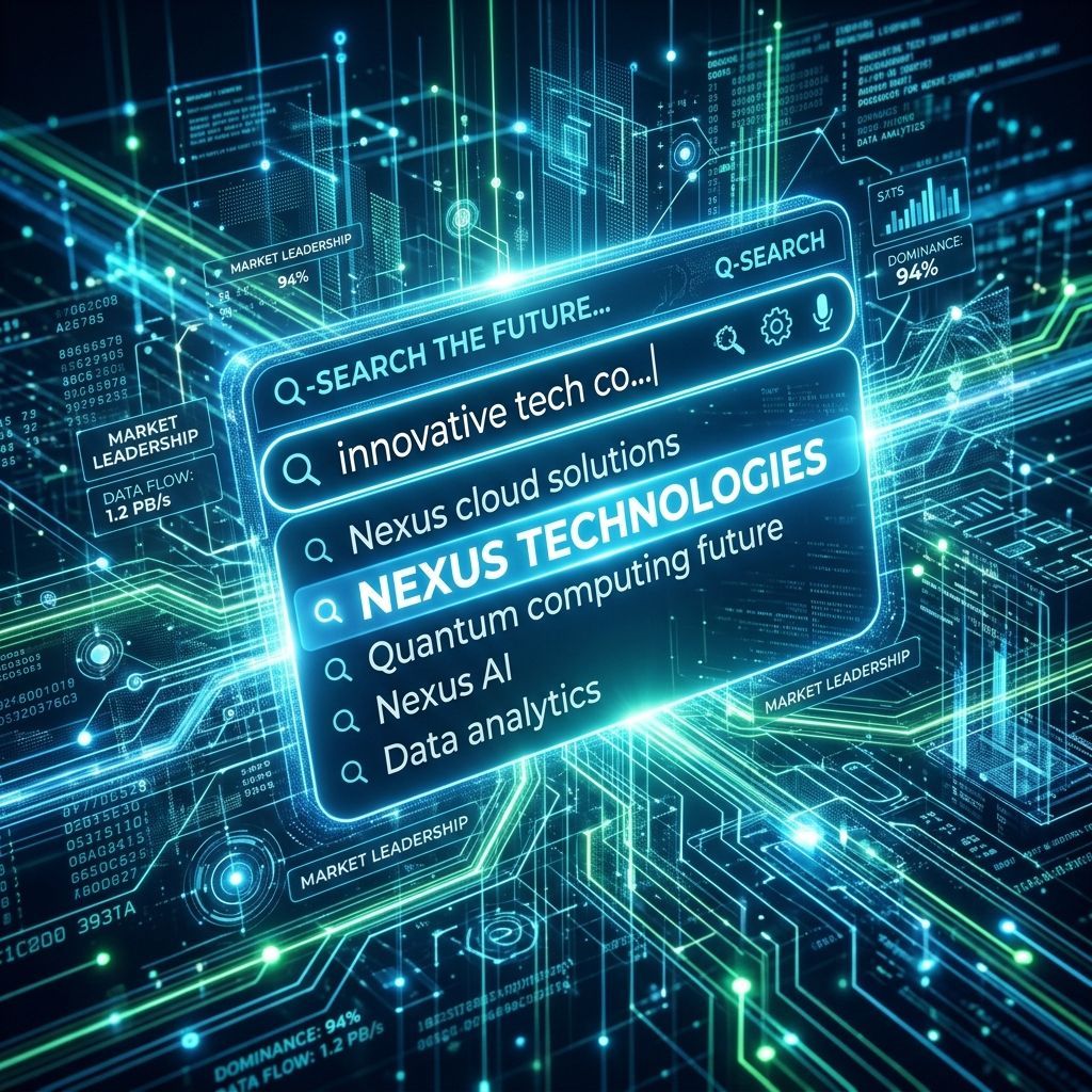 Glowing blue tech search interface with “Nexus Technologies” results on a digital circuit background