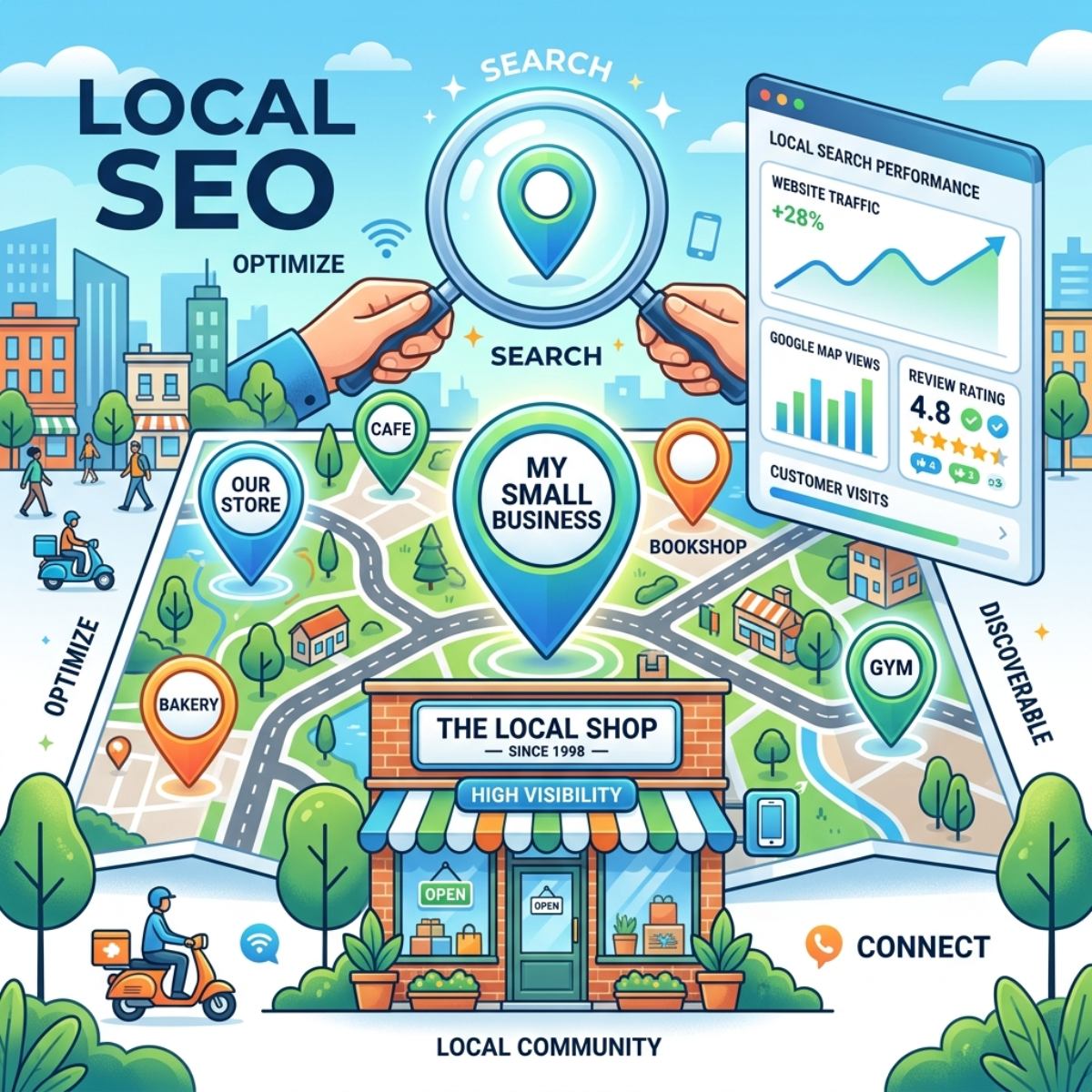 Local SEO illustration with map pins, charts, and a small shop in a bright city scene