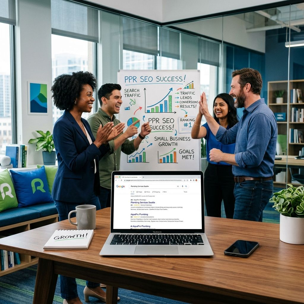 Team meeting in a modern office, presenting charts beside a laptop on a conference table.
