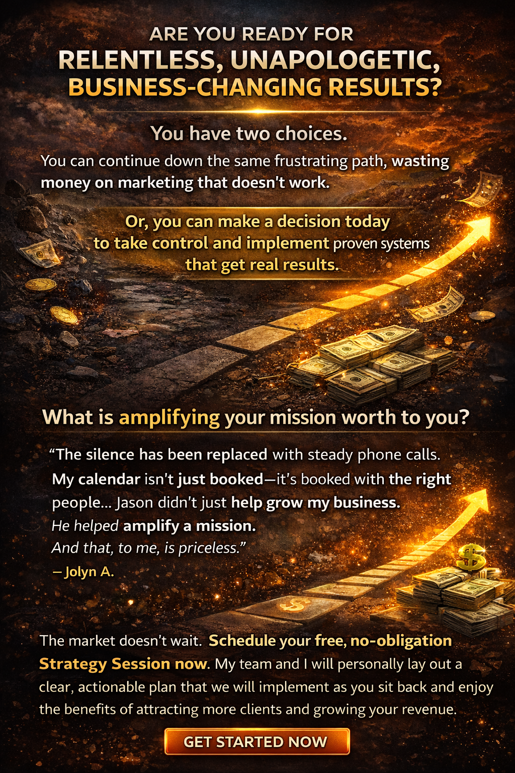 Advertisement for business services: two golden arrows pointing upwards, suggesting growth. Text highlights