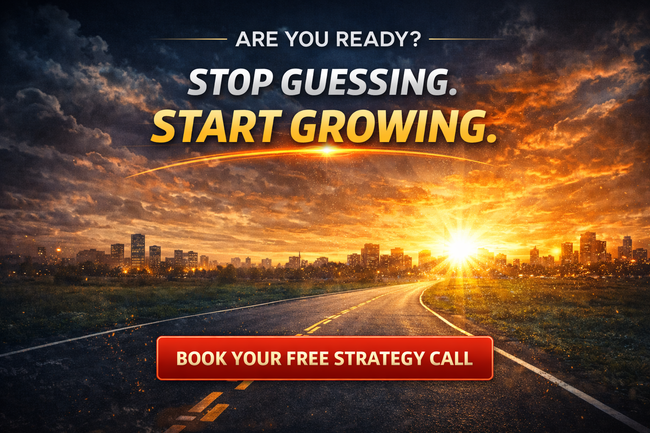 Sunrise over city road with “Stop Guessing. Start Growing.” and a “Book Your Free Strategy Call” button
