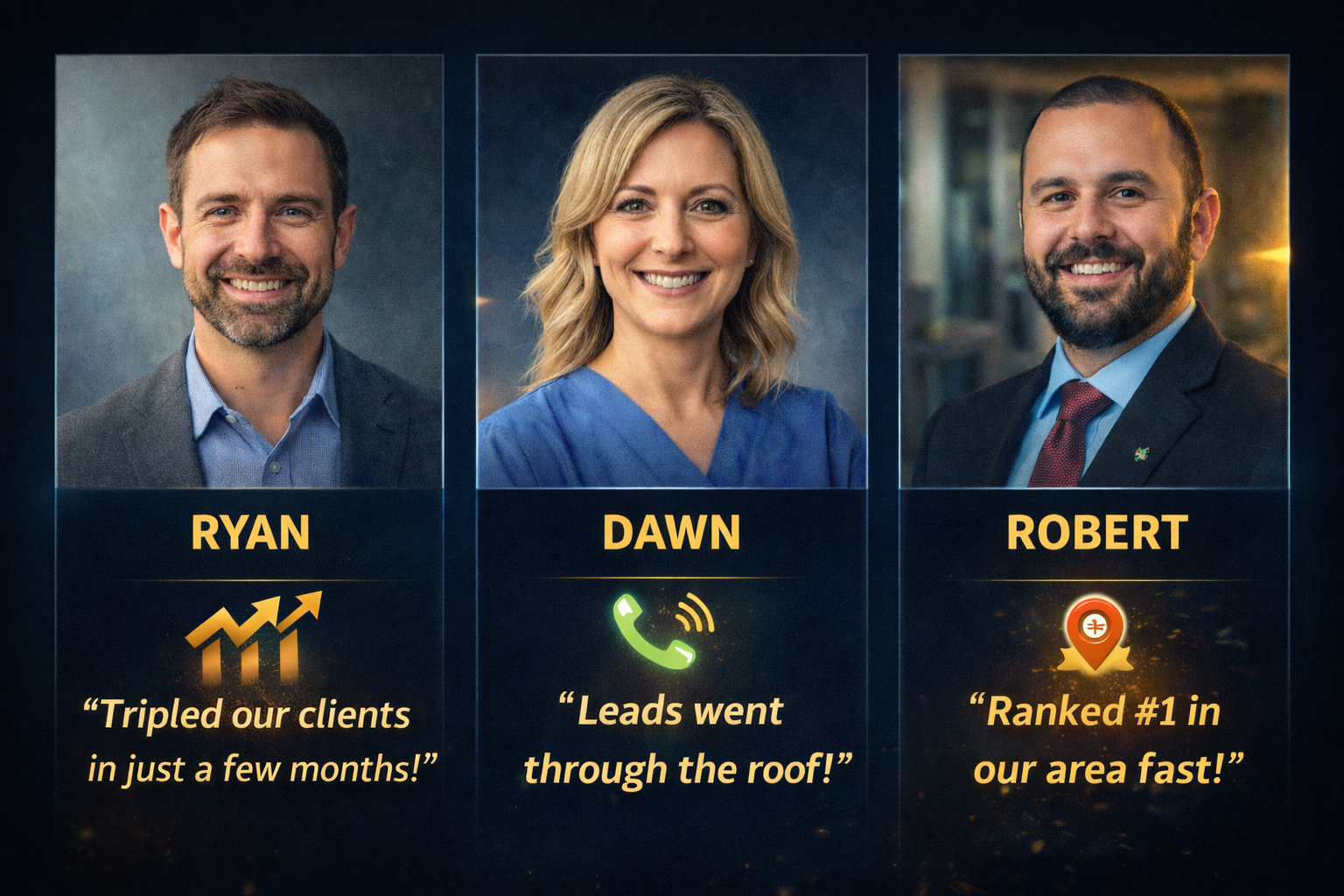 Testimonials with headshots: Ryan, Dawn, and Robert; praising tripled clients, increased leads, and ranking #1.