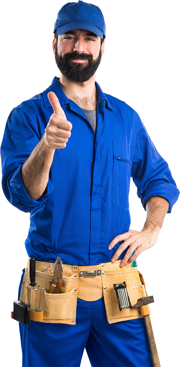A man in blue overalls with a tool belt gives a thumbs-up.