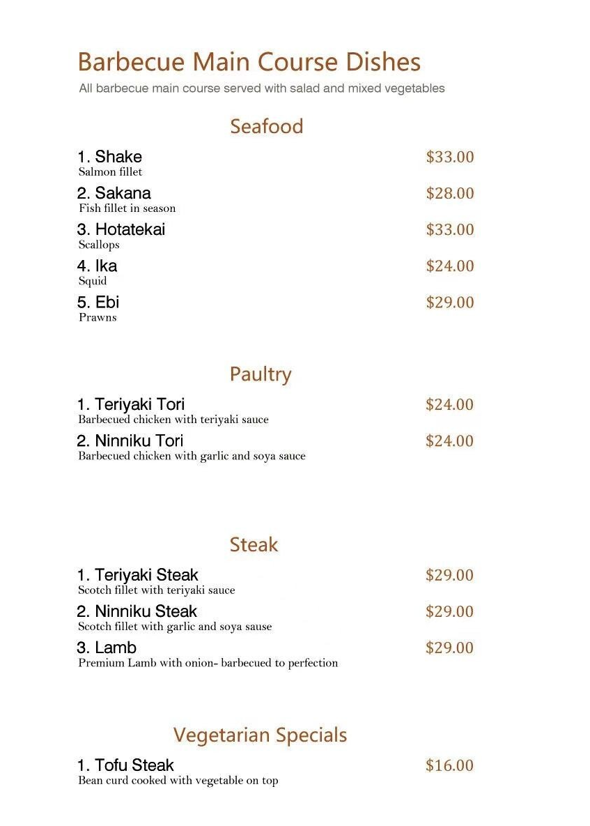 Restaurant menu for Ichiban Teppanyaki in Lower Hutt