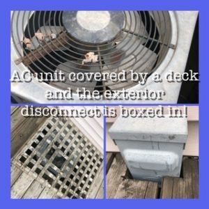 An ac unit covered by a deck and the exterior disconnected is boxed in