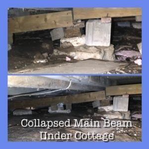 A picture of a collapsed main beam under a cottage.
