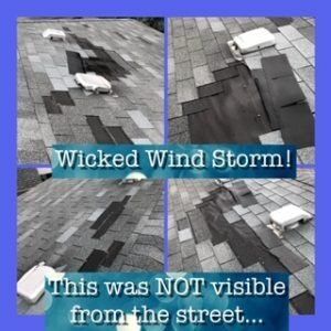 A collage of pictures of a roof that says wicked wind storm