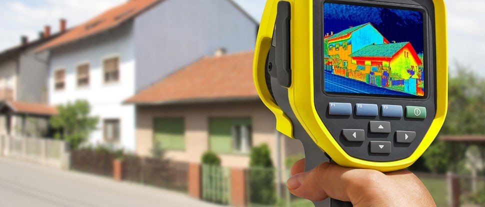 A person is holding a thermal camera in front of a house.