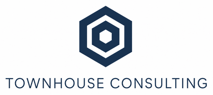 Townhouse Consulting logo with dark blue hexagon icon and wordmark