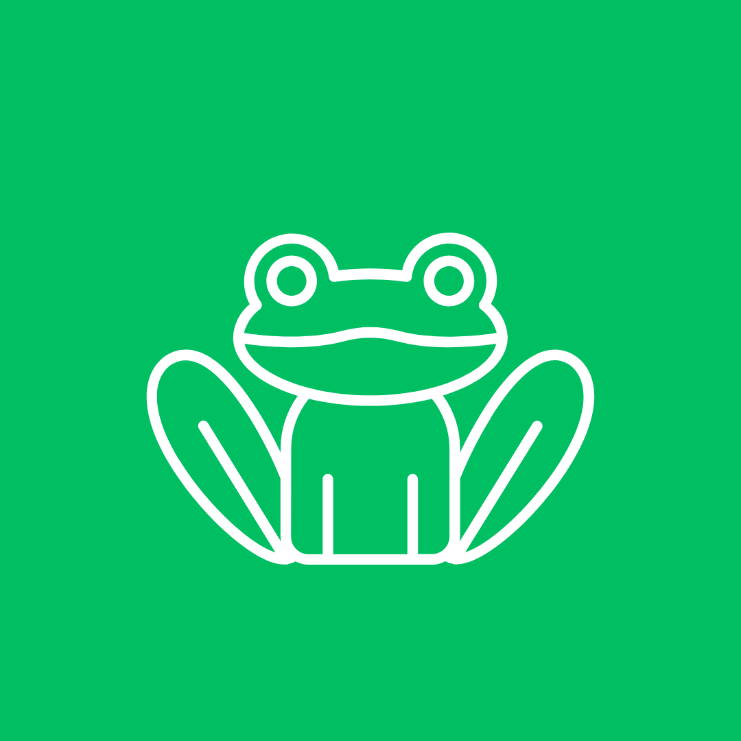 A line drawing of a frog with leaves on a green background.