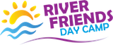 A logo for river friends day camp with a sun and waves