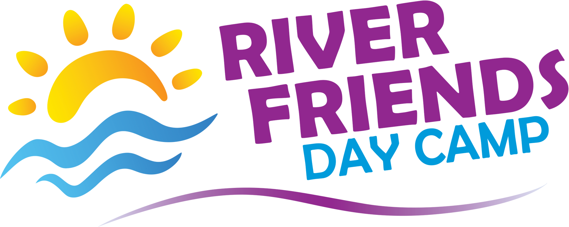 A logo for river friends day camp with a sun and waves